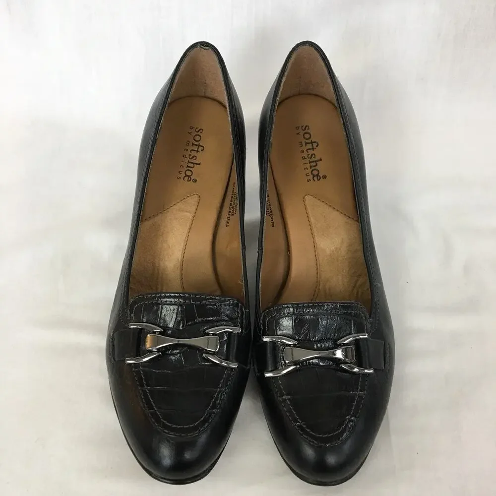 Softshoe by Medicus Pascal Career Heels 6 M Black Leather Horsebit Mock Croc EUC